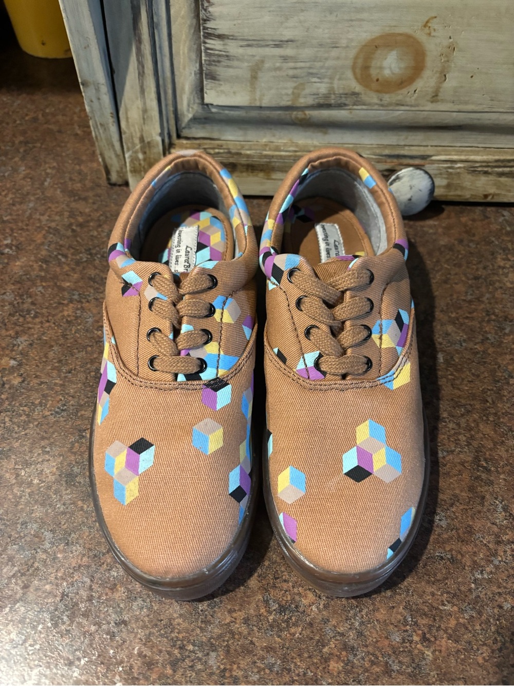 Laura Britt Brown Canvas Sneakers with Colorful Geometric Print - Picture 2 of 6